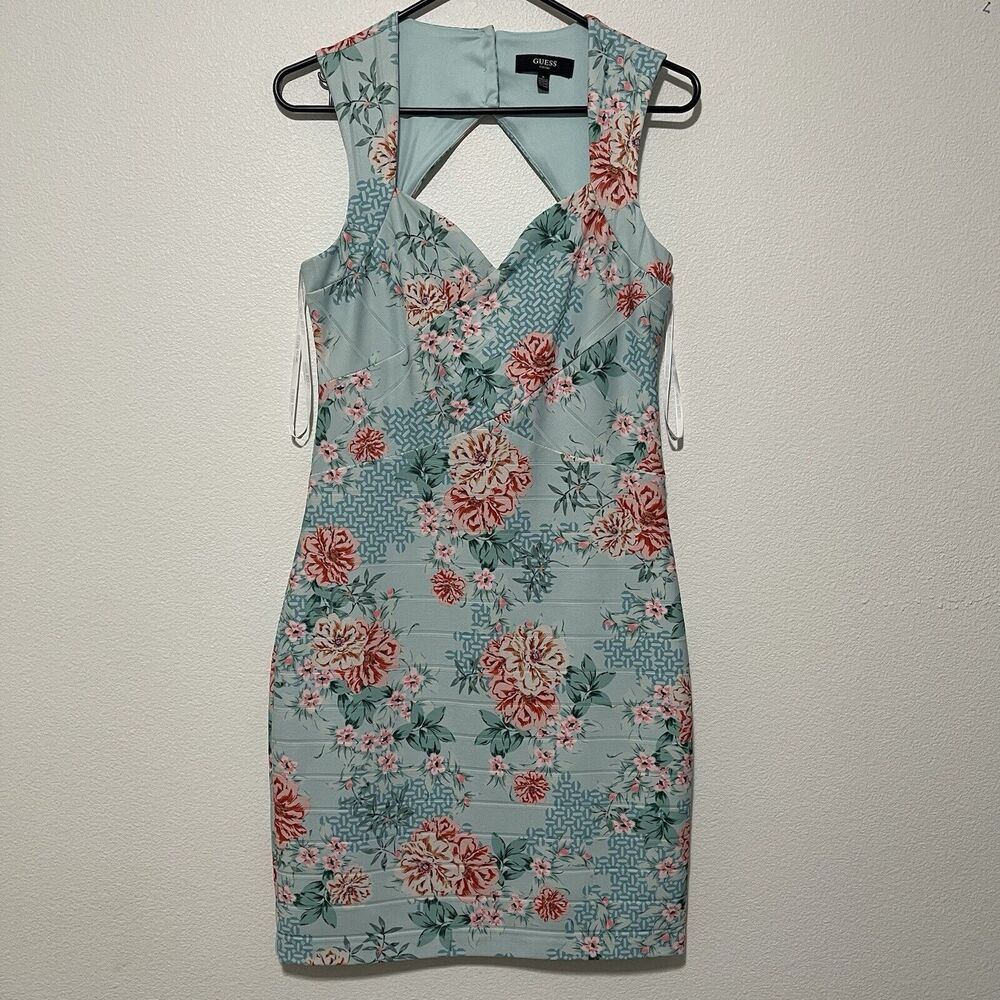 Guess Dress Womens Size 8 Teal Floral Printed Sweetheart Neckline Bandage Zip Up